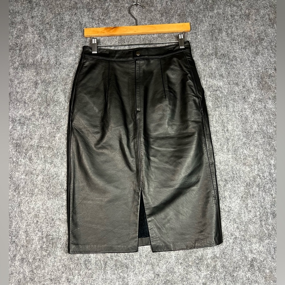 Black leather midi skirt with slit Size: 8 leather skirt Size 8 Genuine Leather